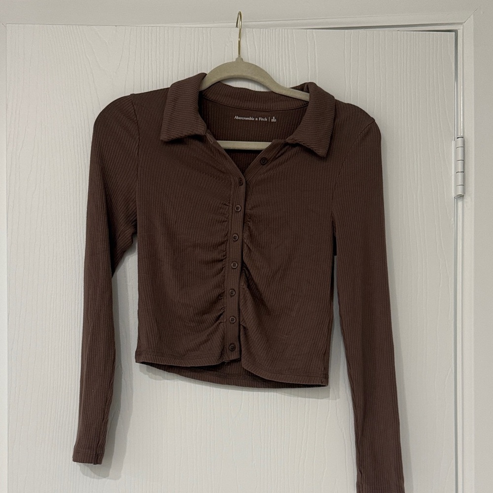 Abercrombie & Fitch Brown Ribbed Button-Down Crop Top